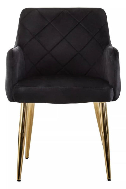 Tamzin Black Velvet Quilted Dining Chair with Gold Finish Legs