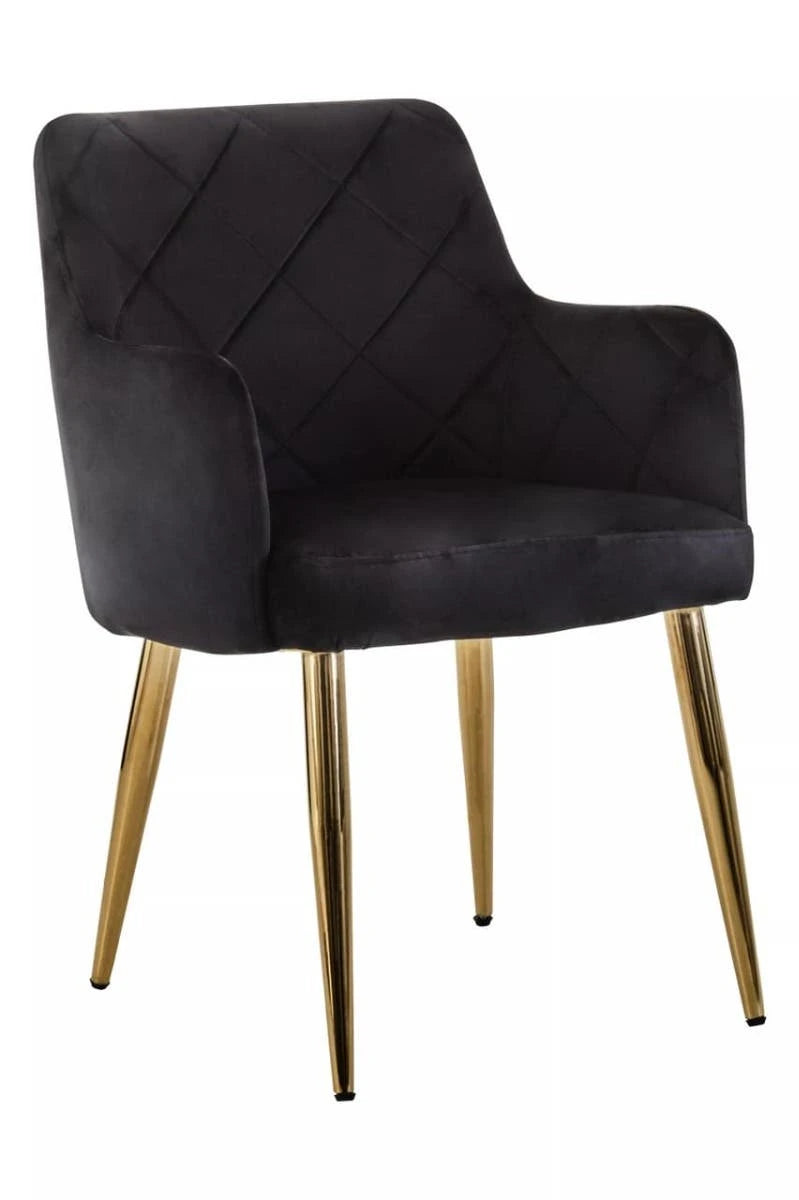 Tamzin Black Velvet Quilted Dining Chair with Gold Finish Legs