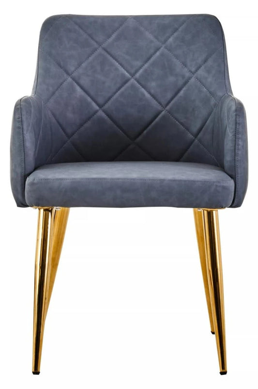 Tamzin Dark Grey Leather Effect Quilted Dining Chair with Gold Metal Legs