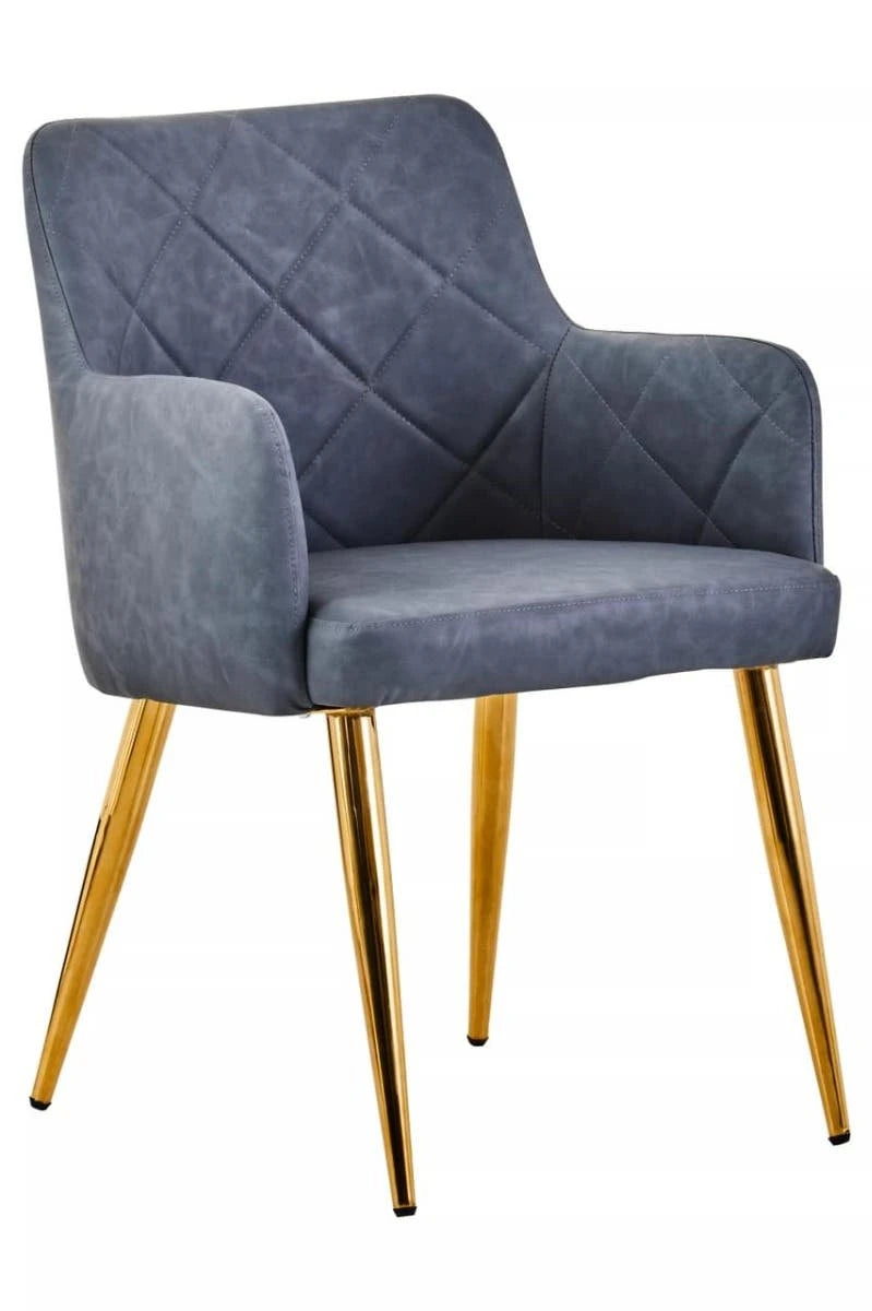 Tamzin Dark Grey Leather Effect Quilted Dining Chair with Gold Metal Legs