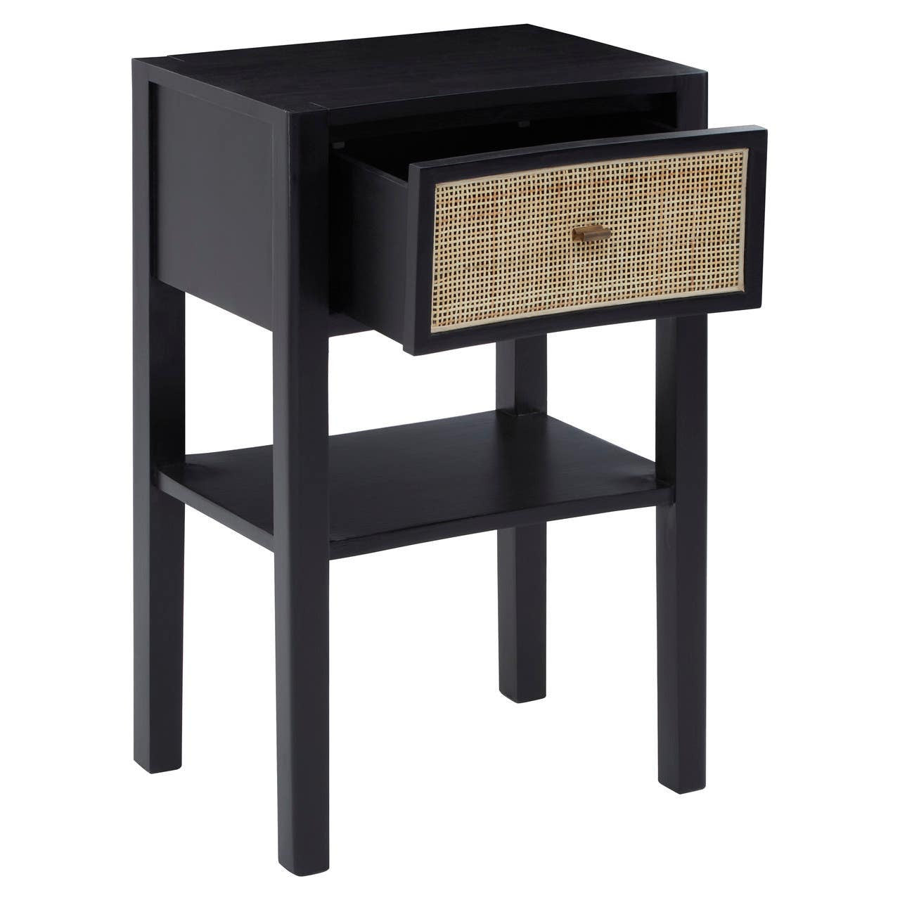 Corso Black Bedside Table with Rattan Drawer