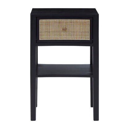 Corso Black Bedside Table with Rattan Drawer