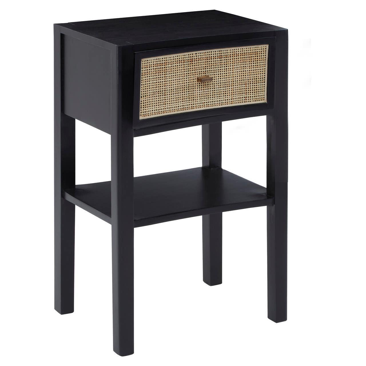 Corso Black Bedside Table with Rattan Drawer