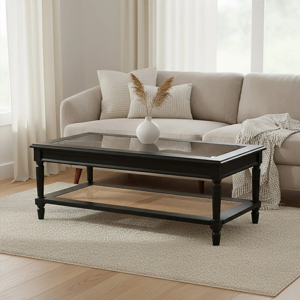 Corso Black Coffee Table with Rattan Shelf