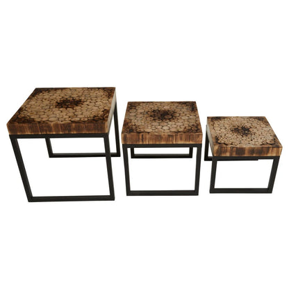Malang Mosaic Teak Wood Set Of 3 Nesting Tables