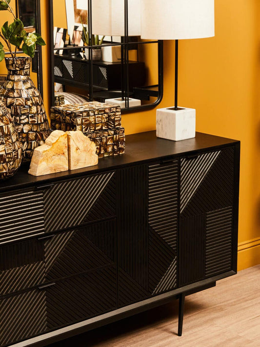Jakara Black Finish Sideboard with 4 Doors and 3 Drawers