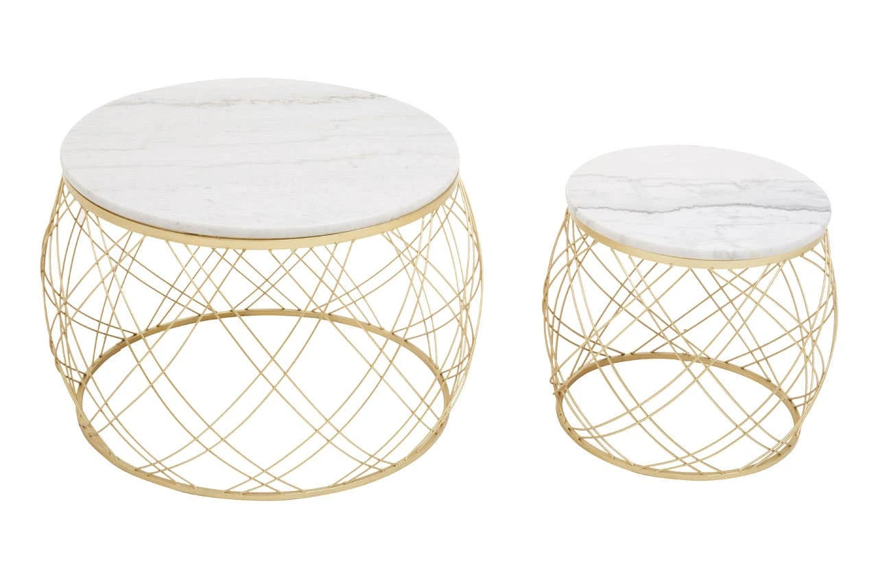 Jodie Set Of Two Coffee Tables With White Marble Top And Gold Frame