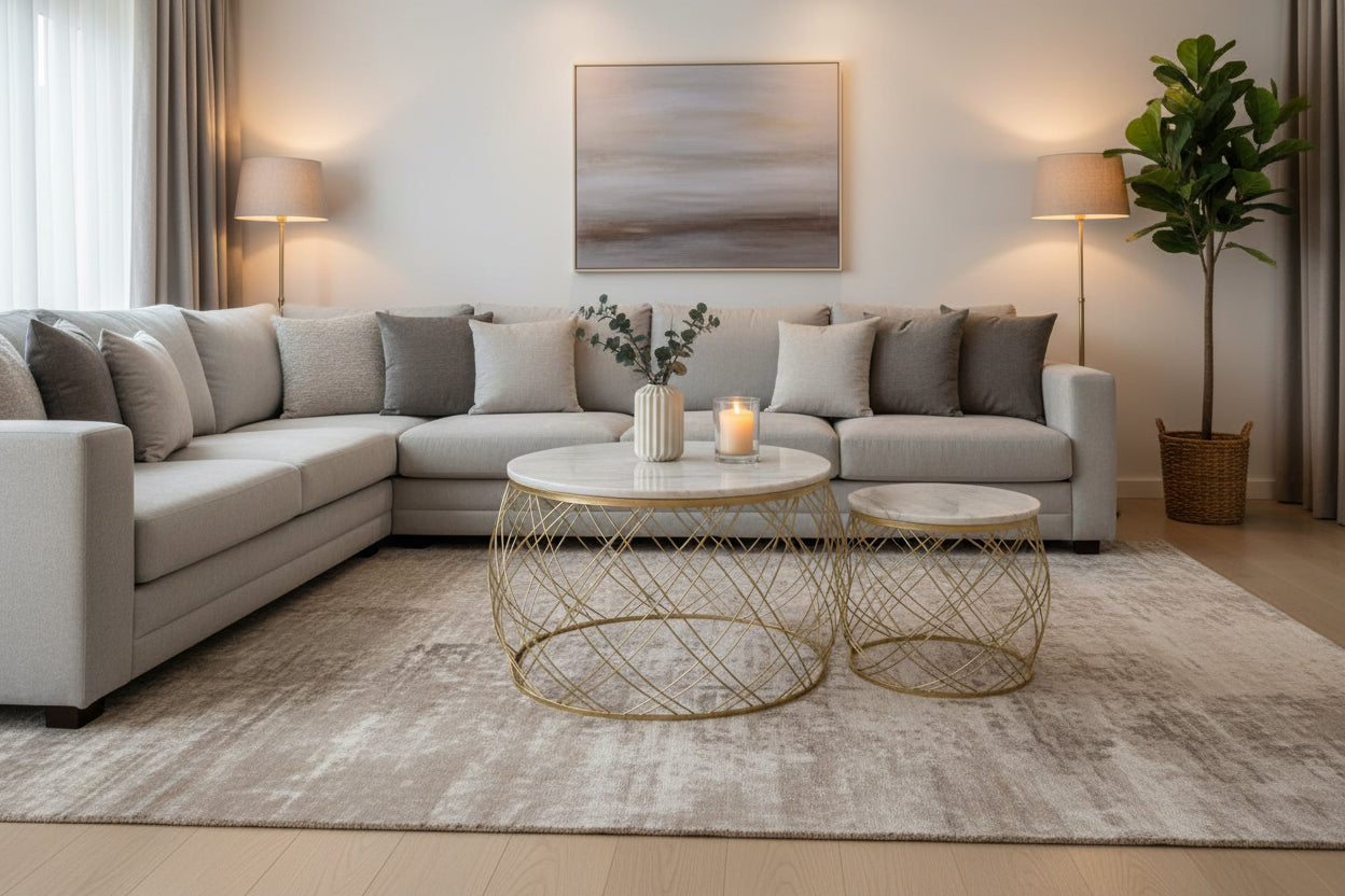 Jodie Set Of Two Coffee Tables With White Marble Top And Gold Frame