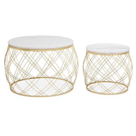 Jodie Set Of Two Coffee Tables With White Marble Top And Gold Frame