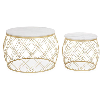 Jodie Set Of Two Coffee Tables With White Marble Top And Gold Frame