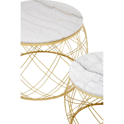 Jodie Set Of Two Coffee Tables With White Marble Top And Gold Frame