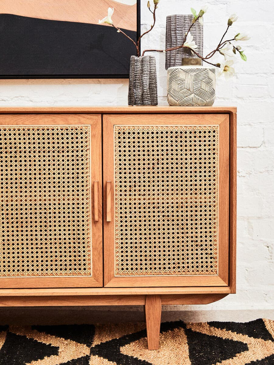 Lyon Rattan and Oak Wood 4 Door Sideboard