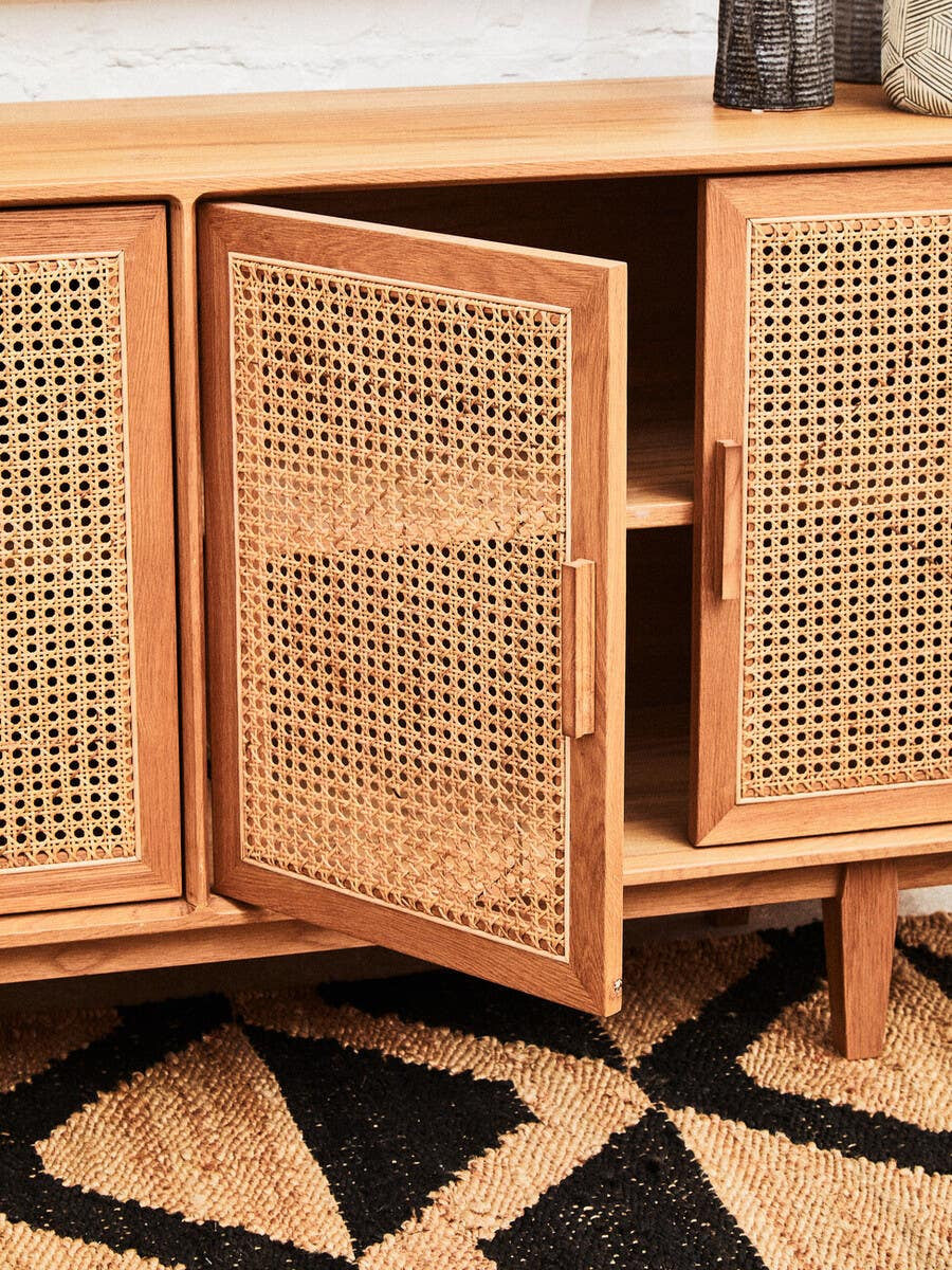 Lyon Rattan and Oak Wood 4 Door Sideboard