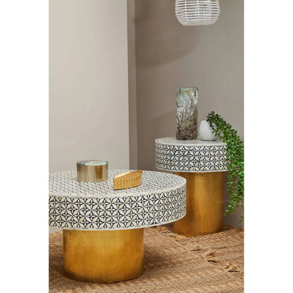 Fusion Round Bone Inlay Coffee Table With Gold Base