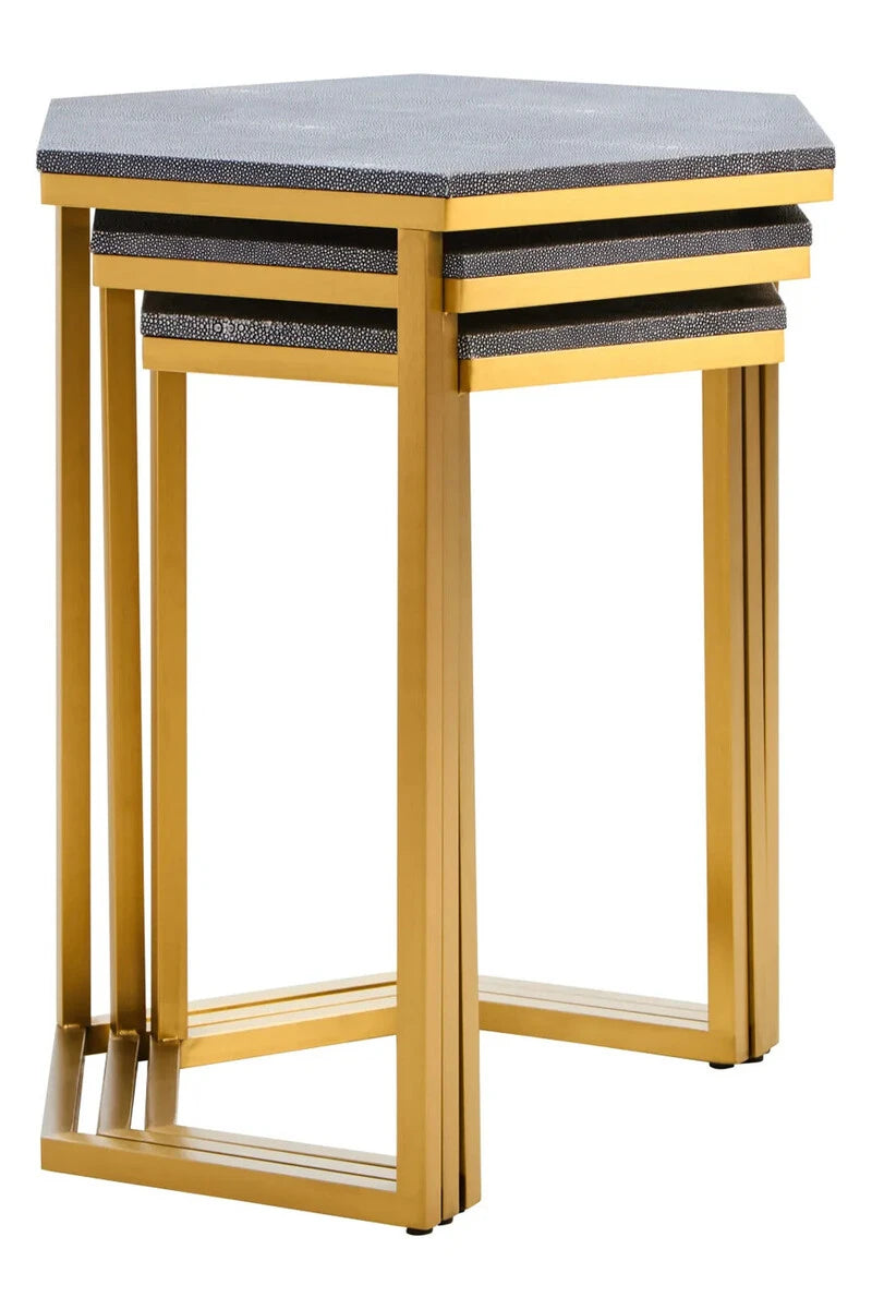 Cardona Nest of Three Hexagonal Blue Shagreen Effect Tables