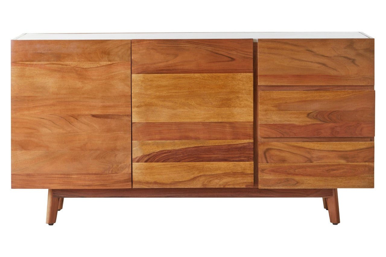 Myan 3 Drawer Acacia Wood White Marble Sideboard