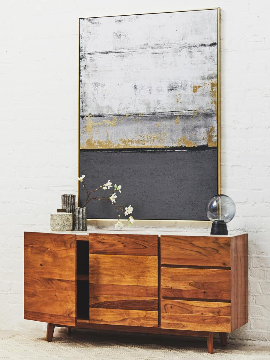 Myan 3 Drawer Acacia Wood White Marble Sideboard