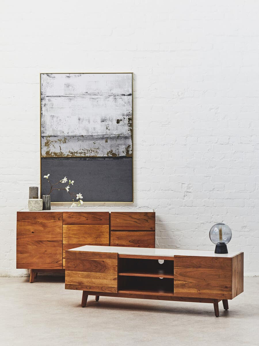Myan 3 Drawer Acacia Wood White Marble Sideboard