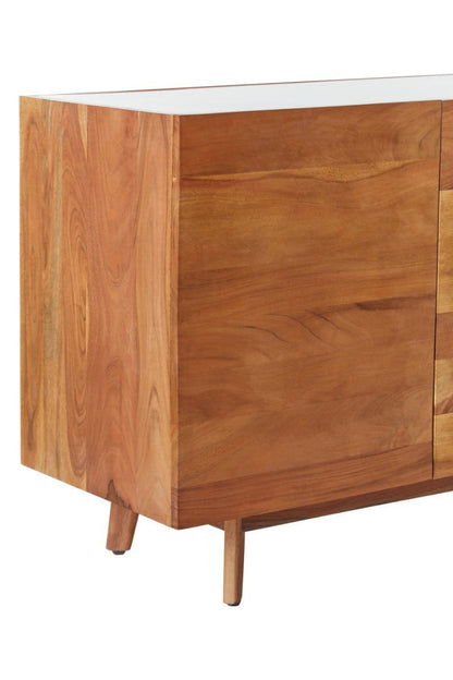 Myan 3 Drawer Acacia Wood White Marble Sideboard