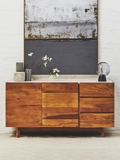 Myan 3 Drawer Acacia Wood White Marble Sideboard