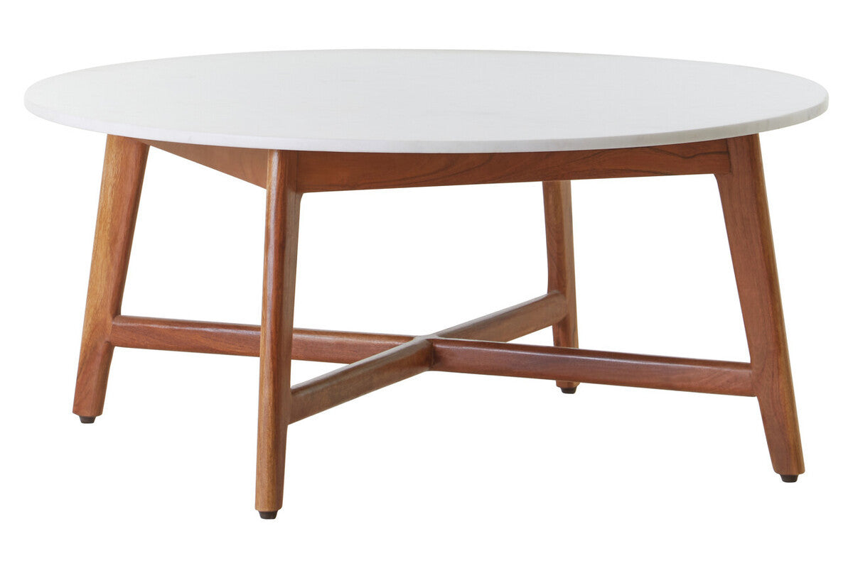 Myan Acacia Wood and White Marble Coffee Table