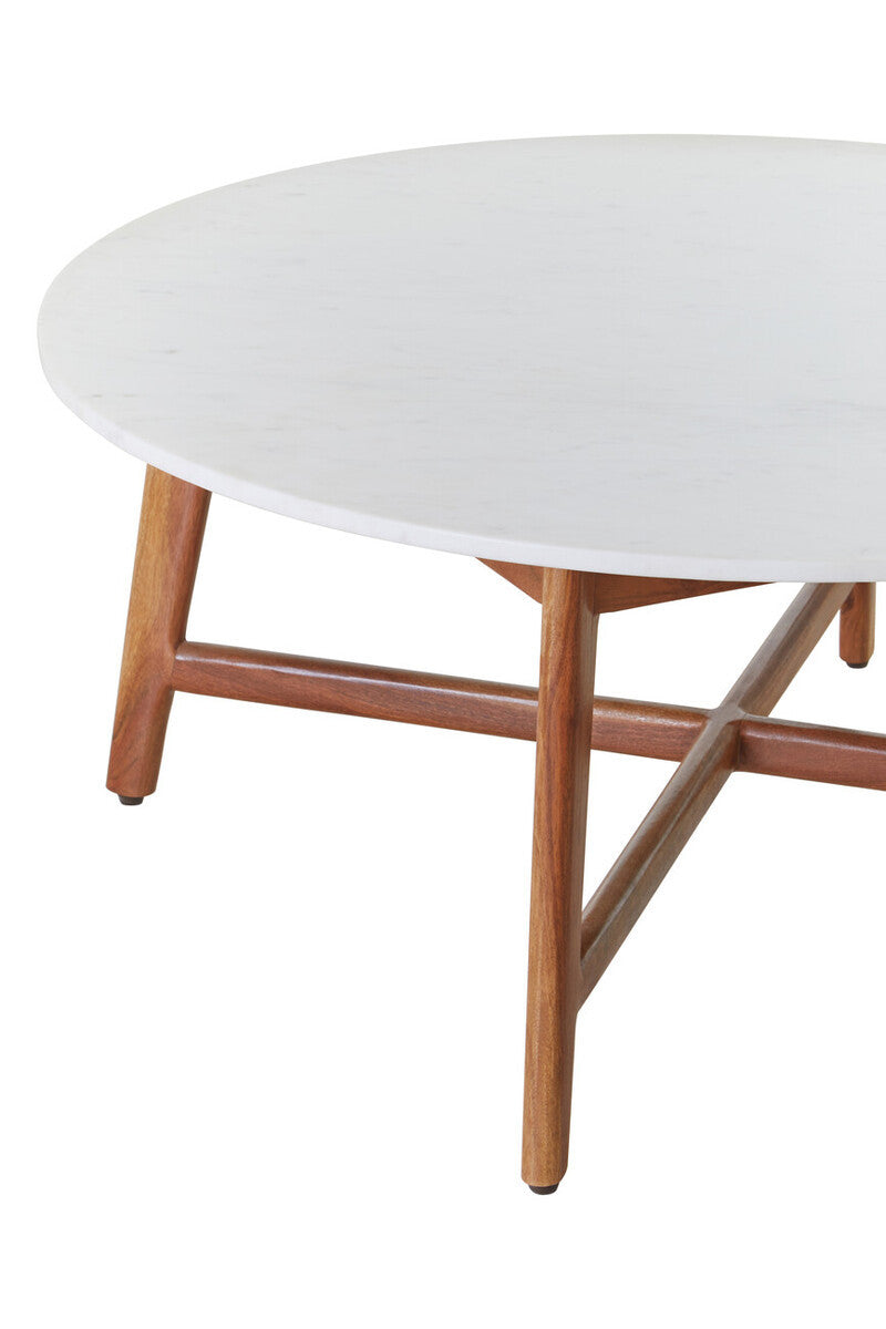 Myan Acacia Wood and White Marble Coffee Table