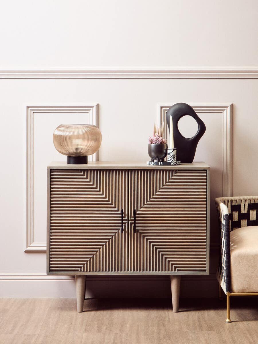 Satna Two Door Greywash Carved Mango Wood Sideboard