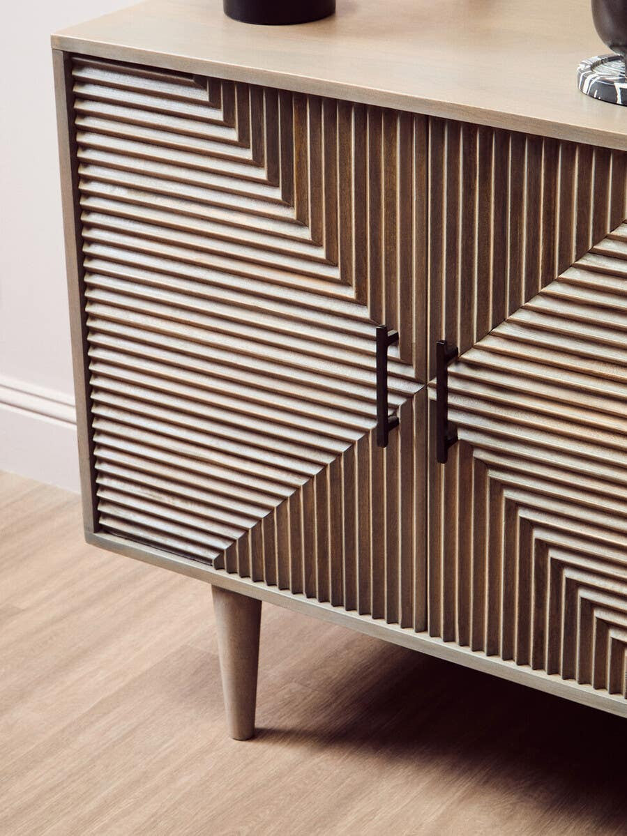 Satna Two Door Greywash Carved Mango Wood Sideboard
