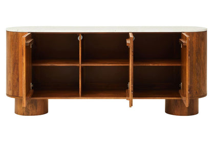 Torcino Mango Wood Carved Design Marble Top Three Door Sideboard
