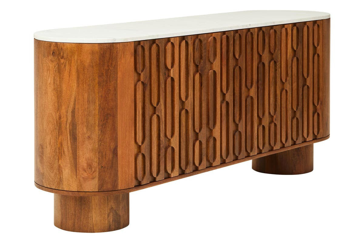 Torcino Mango Wood Carved Design Marble Top Three Door Sideboard