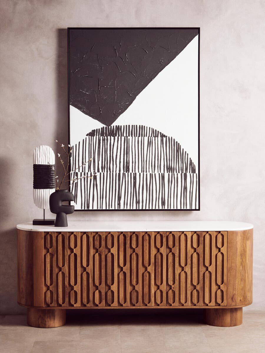 Torcino Mango Wood Carved Design Marble Top Three Door Sideboard