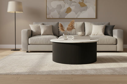 Walton Travertine Top Coffee Table with Black Acacia Wood Base