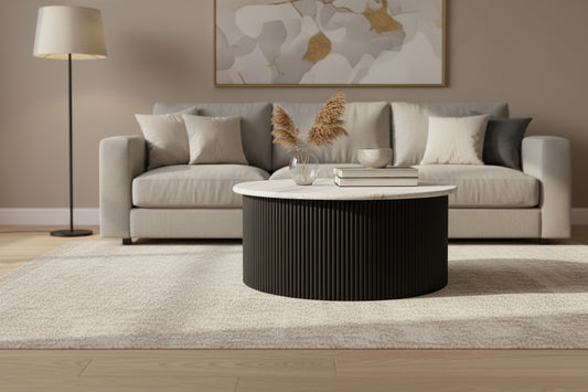 Walton Travertine Top Coffee Table with Black Acacia Wood Base