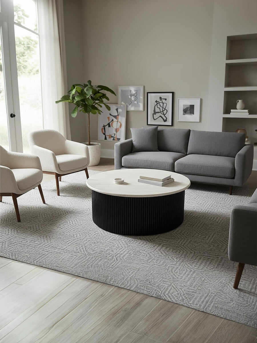 Walton Travertine Top Coffee Table with Black Acacia Wood Base