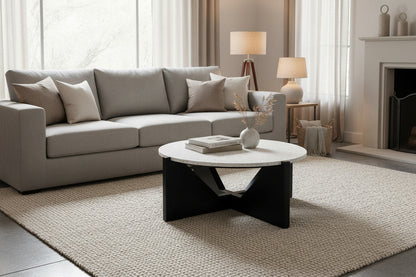 Winton Travertine Top Coffee Table With Black Acacia Wood Frame