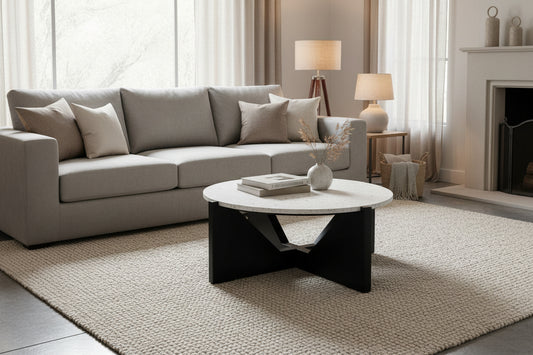 Winton Travertine Top Coffee Table With Black Acacia Wood Frame