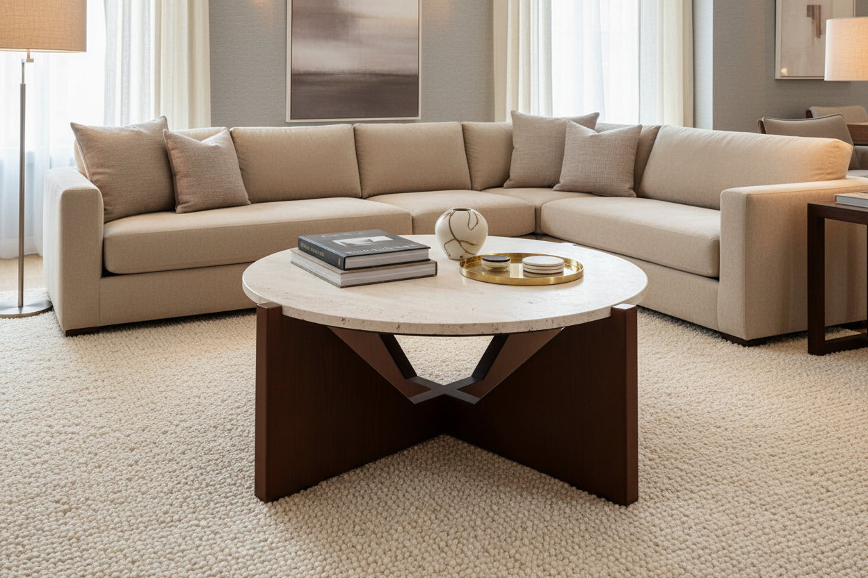 Winton Travertine Top Coffee Table With Acacia Wood Frame