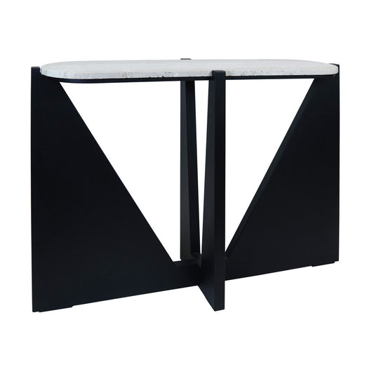 Winton Travertine Top Console Table With Black Acacia Wood Frame