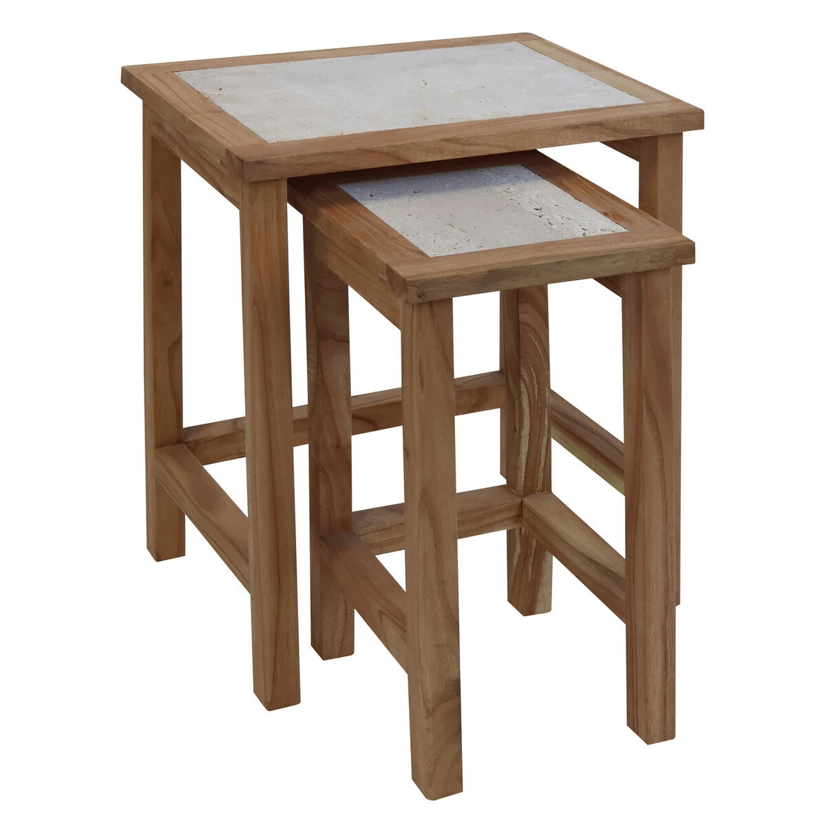 Womad Small Set Of 2 Wooden Side Tables With Travertine Tops