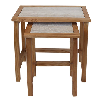 Womad Large Set Of 2 Wooden Side Tables With Travertine Tops