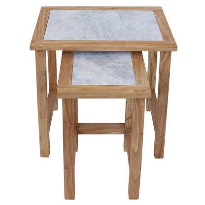 Womad Small Set Of 2 Wooden Side Tables With White Marble Tops