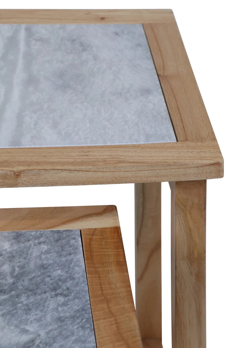 Womad Large Set Of 2 Wooden Side Tables With White Marble Tops