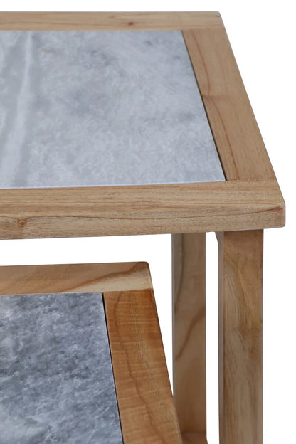 Womad Large Set Of 2 Wooden Side Tables With White Marble Tops