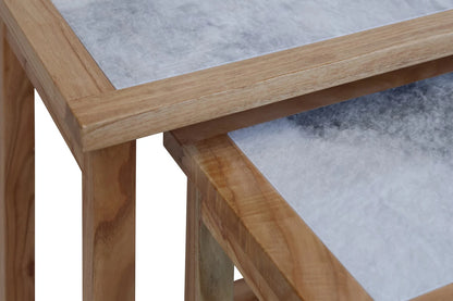 Womad Large Set Of 2 Wooden Side Tables With White Marble Tops