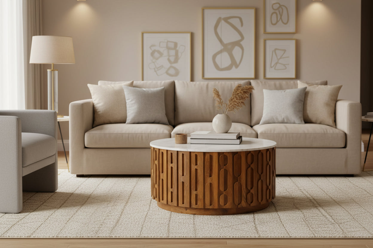 Torcino Marble and Crarved Mango Wood Round Coffee Table