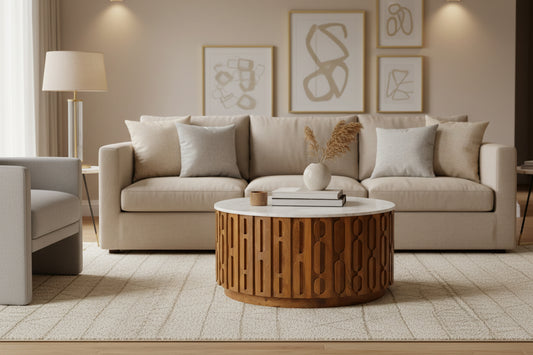 Torcino Marble and Crarved Mango Wood Round Coffee Table