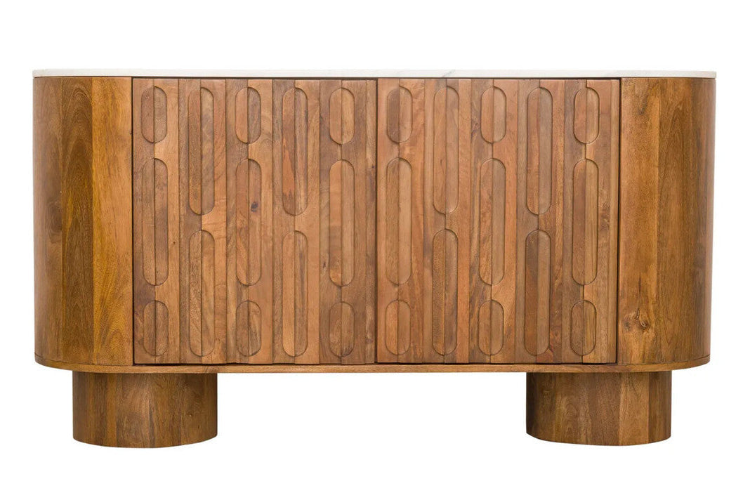Torcino Marble and Carved Mango Wood Two Door Sideboard