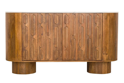 Torcino Marble and Carved Mango Wood Two Door Sideboard