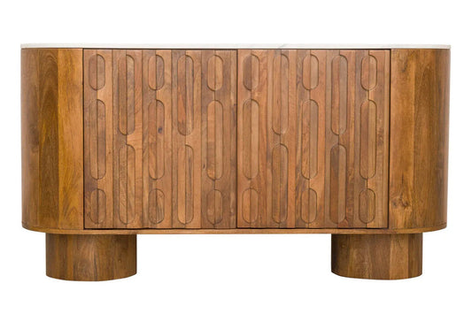 Torcino Marble and Carved Mango Wood Two Door Sideboard