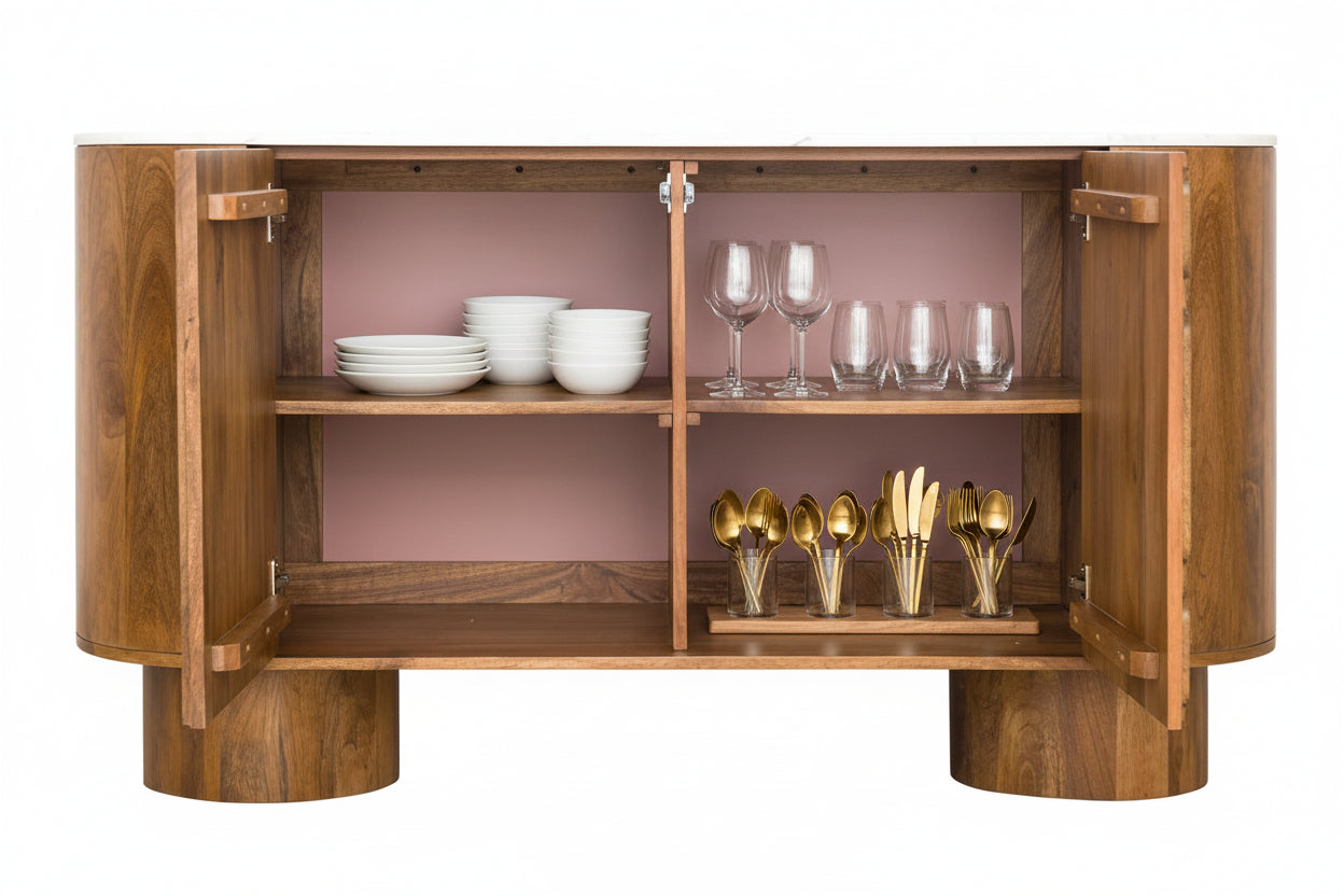 Torcino Marble and Carved Mango Wood Two Door Sideboard